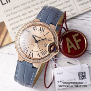 Ballon Bleu De Cartier 33mm RG Diamond Bezel Champagne Dial Blue Leather Strap AF NH05A