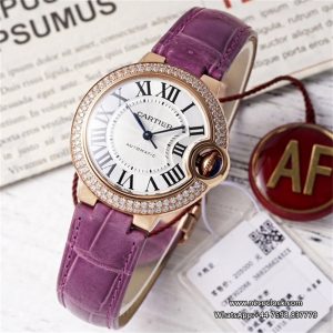 Ballon Bleu De Cartier 33mm RG Double Diamond Bezel White Dial Purple Leather Strap AF NH05A