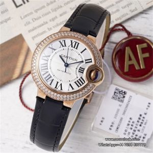 Ballon Bleu De Cartier 33mm RG Double Diamond Bezel White Dial Black Leather Strap AF NH05A