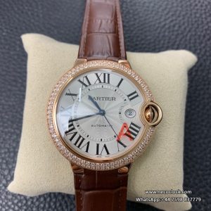 Ballon Bleu De Cartier 42mm RG Double Diamond Bezel White Dial Brown Leather Strap AF A2824