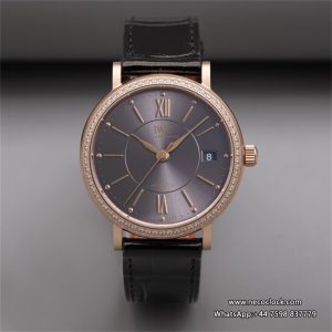 IWC Portofino 37mm Ladies Diamond Bezel RG Grey Dial Black Leather Strap V7F A2892