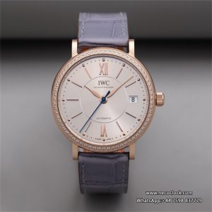 IWC Portofino 37mm Ladies Diamond Bezel RG Silver Dial Light Blue Leather Strap V7F A2892