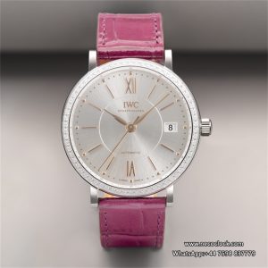 IWC Portofino 37mm Ladies Diamond Bezel Silver Dial Red Leather Strap V7F A2892