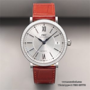 IWC Portofino 37mm Ladies Diamond Bezel Silver Dial Orange Leather Strap V7F A2892