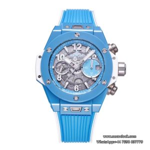 Big Bang Unico Chrono 42mm Blue Ceramic Bezel Skeleton Dial Blue Rubber Strap BBF A1280