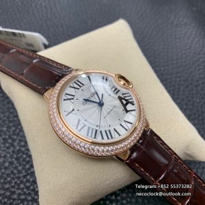 Ballon Bleu De Cartier 36mm RG Double Diamond Bezel White Dial Brown Leather Strap AF A2824