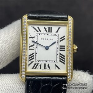 Tank Louis Cartier 33.7x25.5mm YG Diamond Bezel White Dial Black Leather Strap AF Swiss Quartz