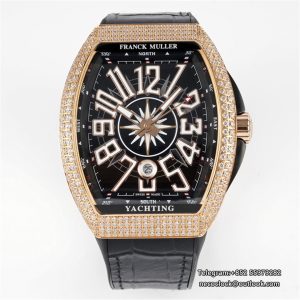 Vanguard V45 44mm RG Diamond Bezel Black Dial Blue Leather Strap ABF A2824