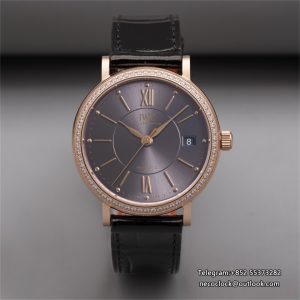 IWC Portofino 37mm Ladies Diamond Bezel RG Grey Dial Black Leather Strap V7F A2892