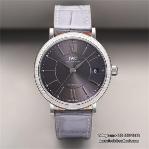 IWC Portofino 37mm Ladies Diamond Bezel Grey Dial Leather Strap V7F A2892
