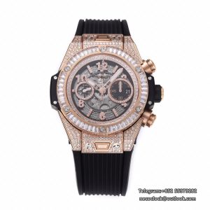 Big Bang Unico Chrono 42mm All Diamond Bezel RG Skeleton Dial Diamond Marker Black Rubber Strap BBF A1280