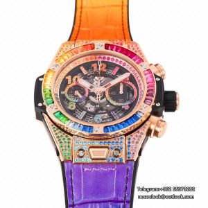 Big Bang Unico Chrono 42mm All Diamond Bezel Rainbow Skeleton Dial Diamond Marker Rainbow Rubber Strap BBF A1280