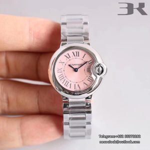 Ballon Bleu De Cartier Pink Dial 28mm Ladies SS Bracelet 3kf Swiss Quartz